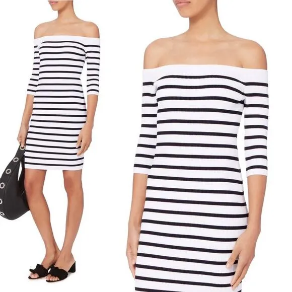 INTERMIX Tara Striped Bodycon Knit Dress Off Shoulder black white 3217