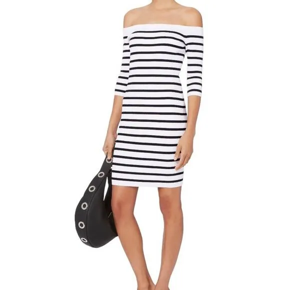 INTERMIX Tara Striped Bodycon Knit Dress Off Shoulder black white 3217