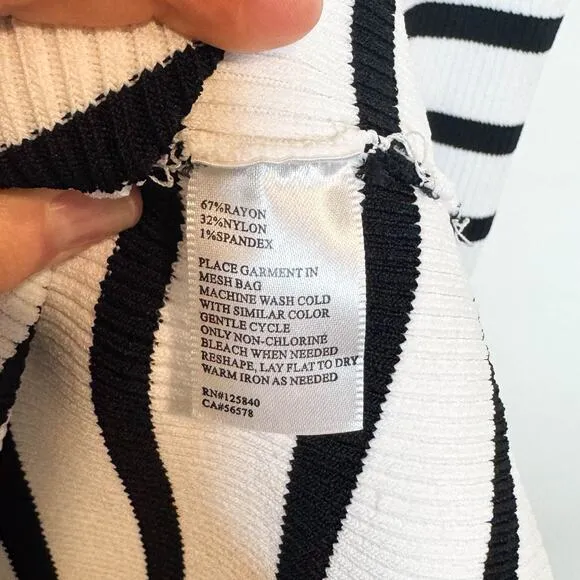INTERMIX Tara Striped Bodycon Knit Dress Off Shoulder black white 3217