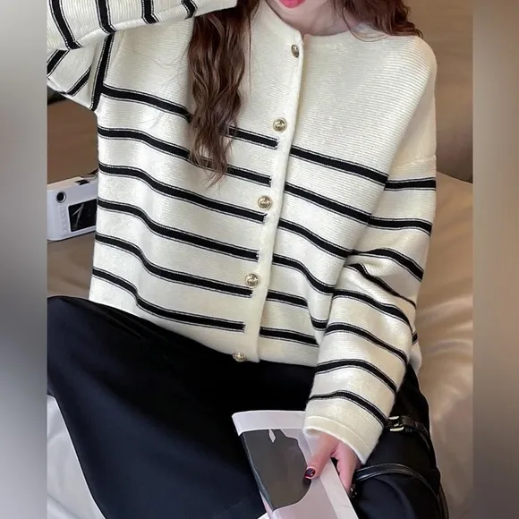 Ivory off white &amp; black striped knit sweater cardigan with gold buttons