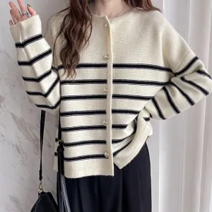 Ivory off white &amp; black striped knit sweater cardigan with gold buttons