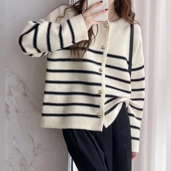Ivory off white &amp; black striped knit sweater cardigan with gold buttons