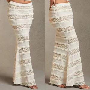 Ivory off white crochet embroidered lace stretchy fitted maxi skirt