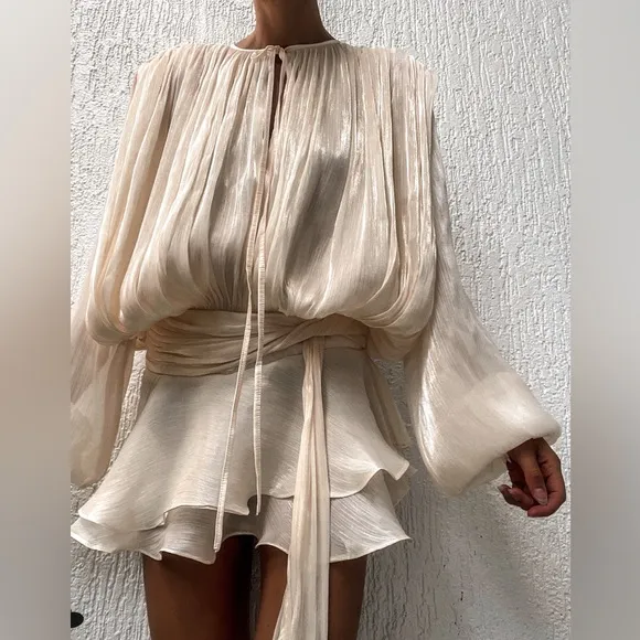 Ivory off white luxurious mini dress with puff sleeve ruffle hem flowy oversized