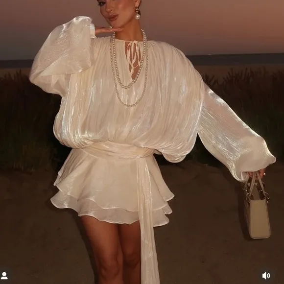 Ivory off white luxurious mini dress with puff sleeve ruffle hem flowy oversized