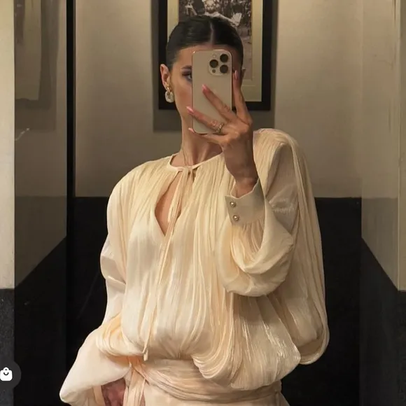 Ivory off white luxurious mini dress with puff sleeve ruffle hem flowy oversized