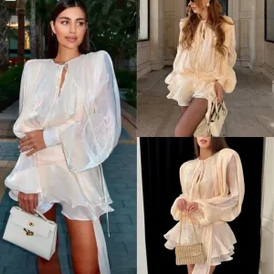 Ivory off white luxurious mini dress with puff sleeve ruffle hem flowy oversized