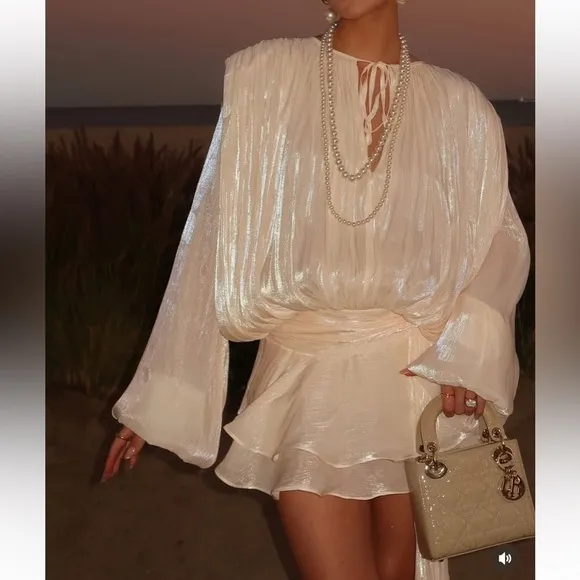Ivory off white luxurious mini dress with puff sleeve ruffle hem flowy oversized