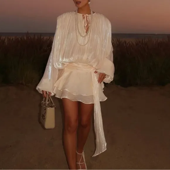 Ivory off white luxurious mini dress with puff sleeve ruffle hem flowy oversized