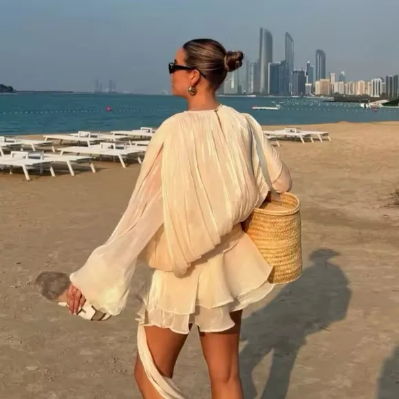Ivory off white luxurious mini dress with puff sleeve ruffle hem flowy oversized