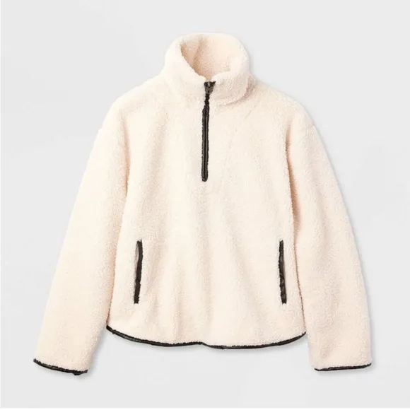 Ivory off white/black half zip faux shearling teddy textured long sleeve sweater