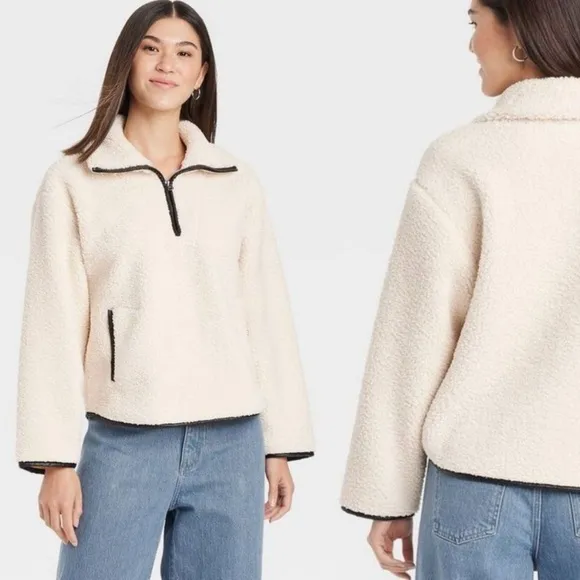 Ivory off white/black half zip faux shearling teddy textured long sleeve sweater