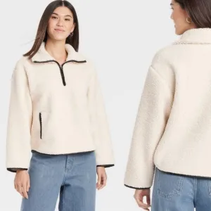 Ivory off white/black half zip faux shearling teddy textured long sleeve sweater