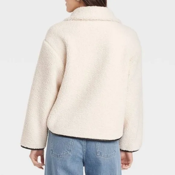 Ivory off white/black half zip faux shearling teddy textured long sleeve sweater