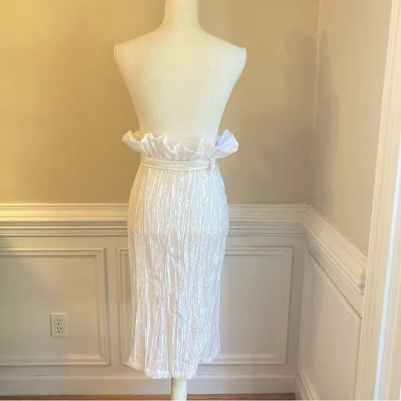 IZAYLA Shimmer White Crinkle Paperbag Peplum Waist Knee Length Skirt