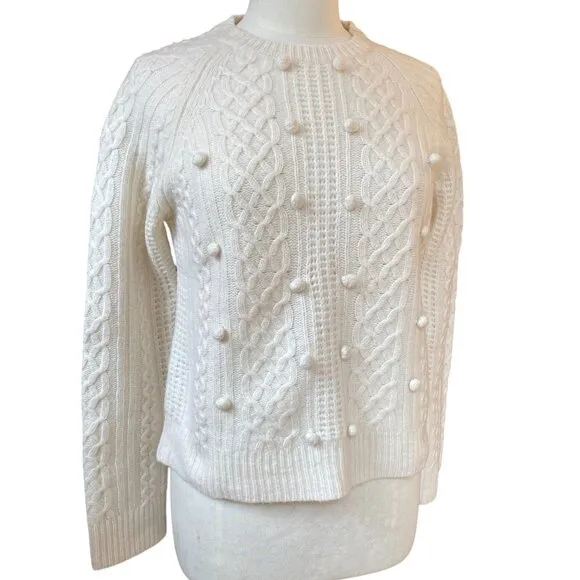 J Crew 100% Lambs Wool Cable Knit Fisherman Popcorn Knit Sweater Ivory Coastal-M