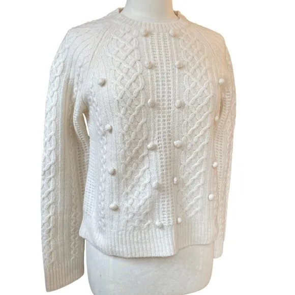 J Crew 100% Lambs Wool Cable Knit Fisherman Popcorn Knit Sweater Ivory Coastal-M
