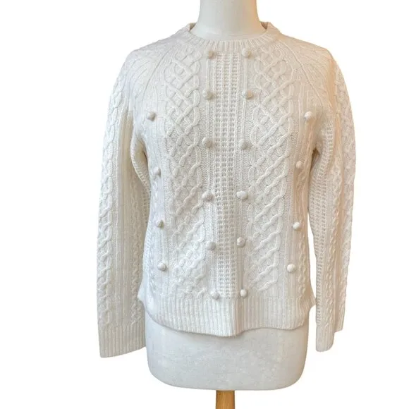 J Crew 100% Lambs Wool Cable Knit Fisherman Popcorn Knit Sweater Ivory Coastal-M