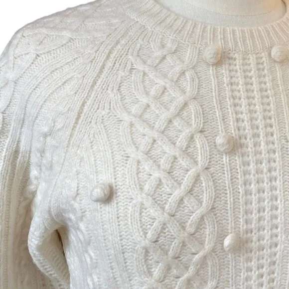 J Crew 100% Lambs Wool Cable Knit Fisherman Popcorn Knit Sweater Ivory Coastal-M