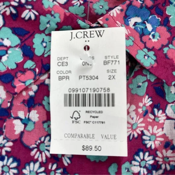 J Crew Dress Womens 2X Floral Shirt Button Up Lightweight Waist Tie Bloomcore