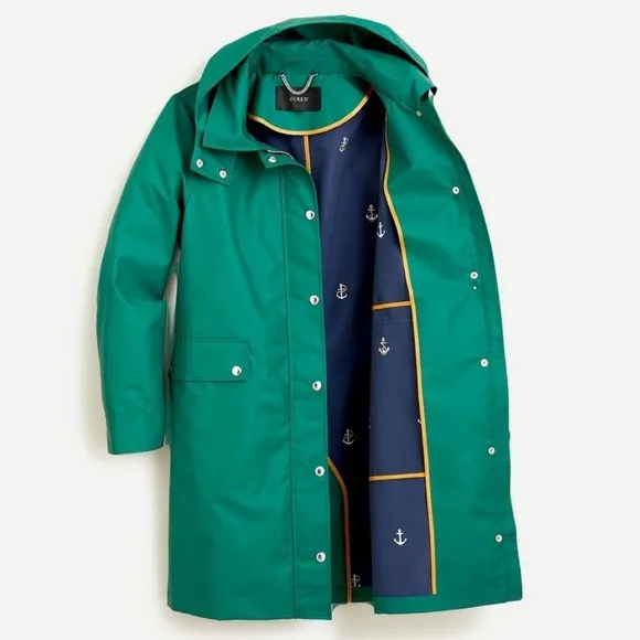 J. Crew Rain Jacket Trench Nautical Anchor Lined Trench Hood XXS Kelly Green EUC