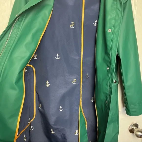 J. Crew Rain Jacket Trench Nautical Anchor Lined Trench Hood XXS Kelly Green EUC
