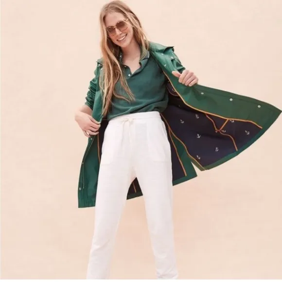 J. Crew Rain Jacket Trench Nautical Anchor Lined Trench Hood XXS Kelly Green EUC