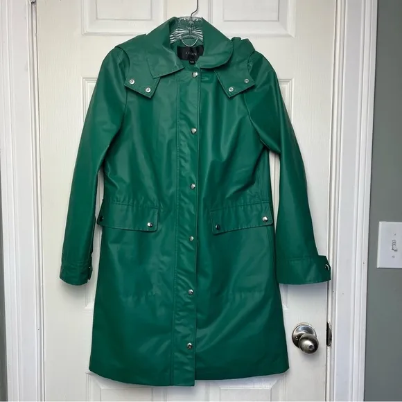 J. Crew Rain Jacket Trench Nautical Anchor Lined Trench Hood XXS Kelly Green EUC
