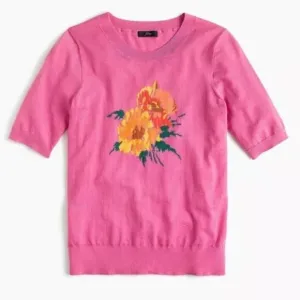 J. CREW Short-Sleeve Tippi Sweater In Flowers Merino Wool Blend Women’s Sz L