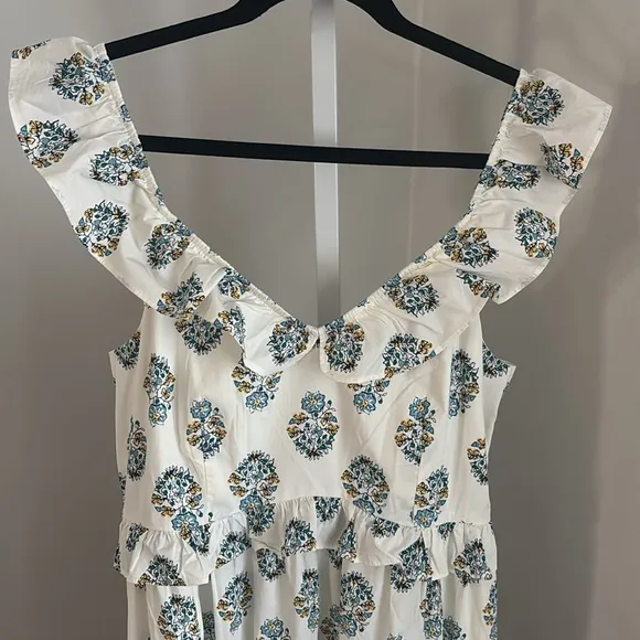 J Crew V-neck ruffle Floral Print White midi Dress Size 12