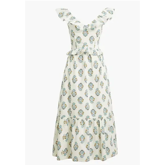 J Crew V-neck ruffle Floral Print White midi Dress Size 12