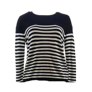J Jason Wu Navy Blue White Striped Sweater 1X Crew Neck Nautical Coastal Cottage