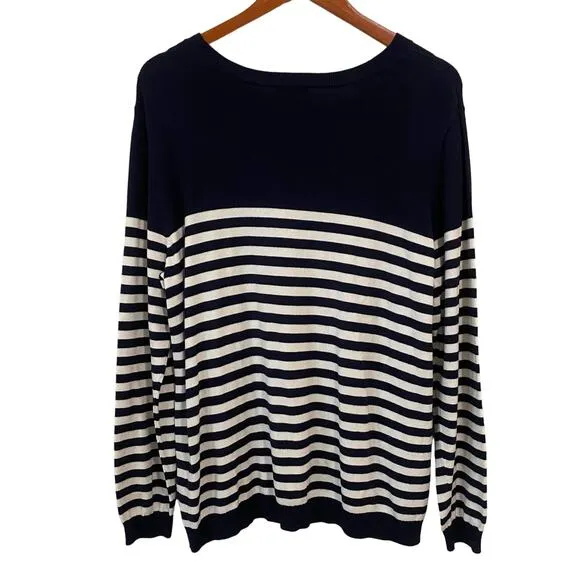 J Jason Wu Navy Blue White Striped Sweater 1X Crew Neck Nautical Coastal Cottage