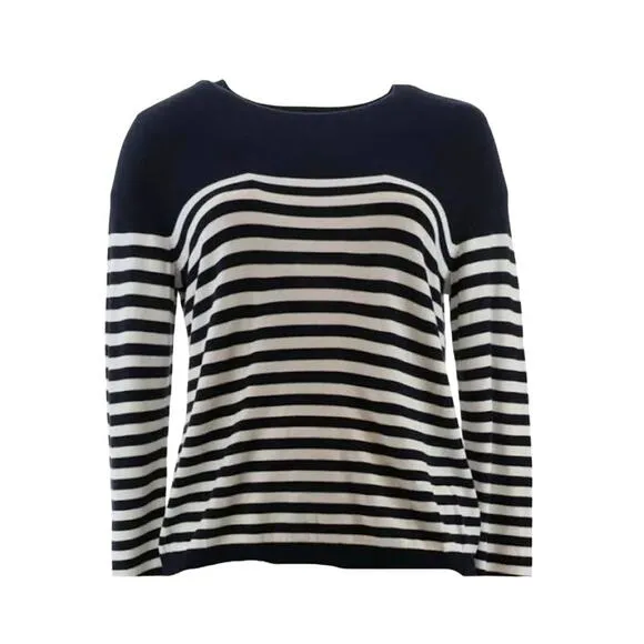 J Jason Wu Navy Blue White Striped Sweater 1X Crew Neck Nautical Coastal Cottage