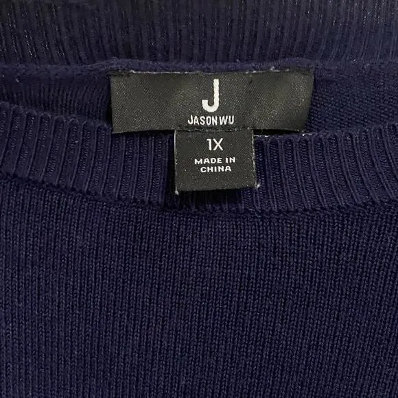 J Jason Wu Navy Blue White Striped Sweater 1X Crew Neck Nautical Coastal Cottage
