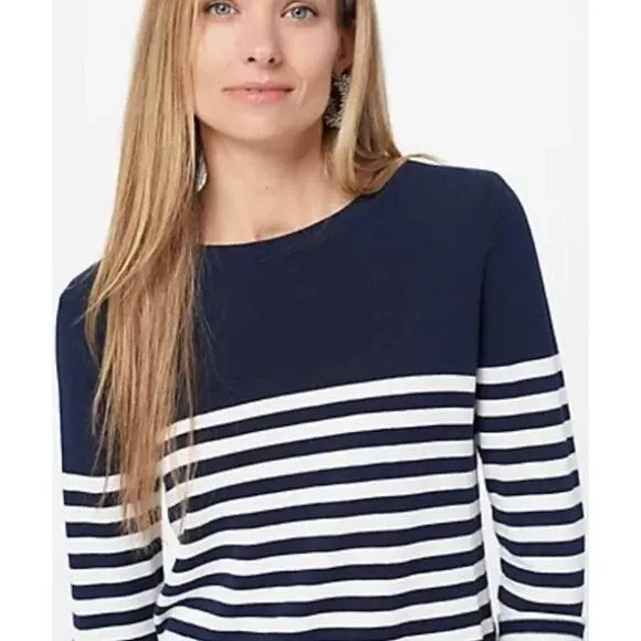 J Jason Wu Navy Blue White Striped Sweater 1X Crew Neck Nautical Coastal Cottage
