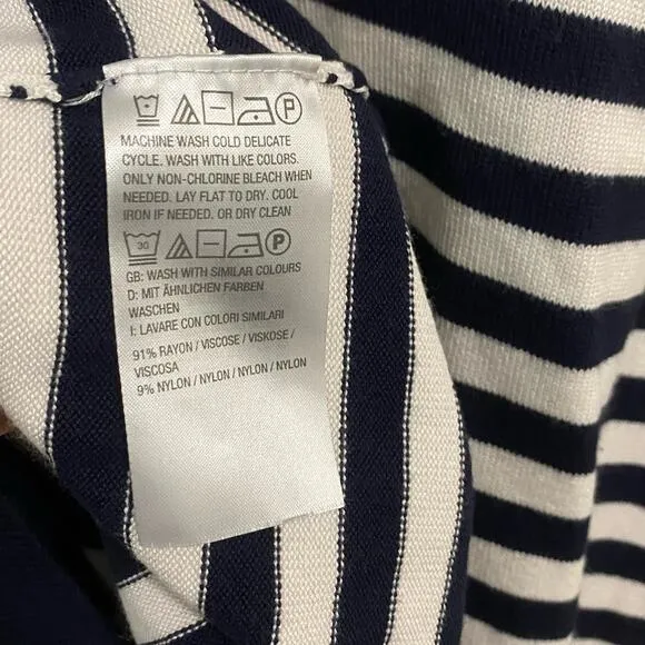 J Jason Wu Navy Blue White Striped Sweater 1X Crew Neck Nautical Coastal Cottage