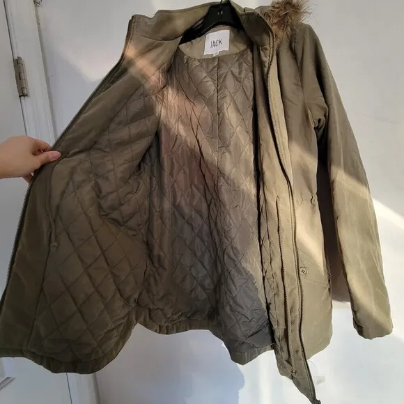 Jack by BB Dakota Army Green Zipper Front Quilted Inner Fur Hood Jacket Medium
