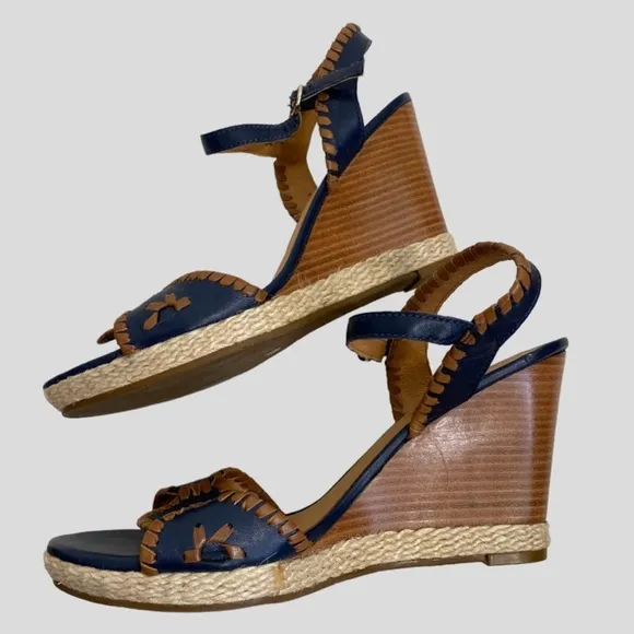 Jack Rogers Navy   Brown Leather Wooden Espadrille Wedges Size 8