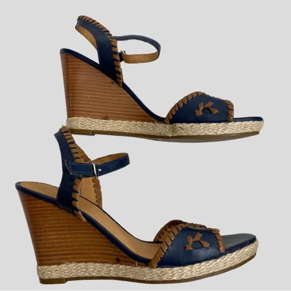 Jack Rogers Navy   Brown Leather Wooden Espadrille Wedges Size 8