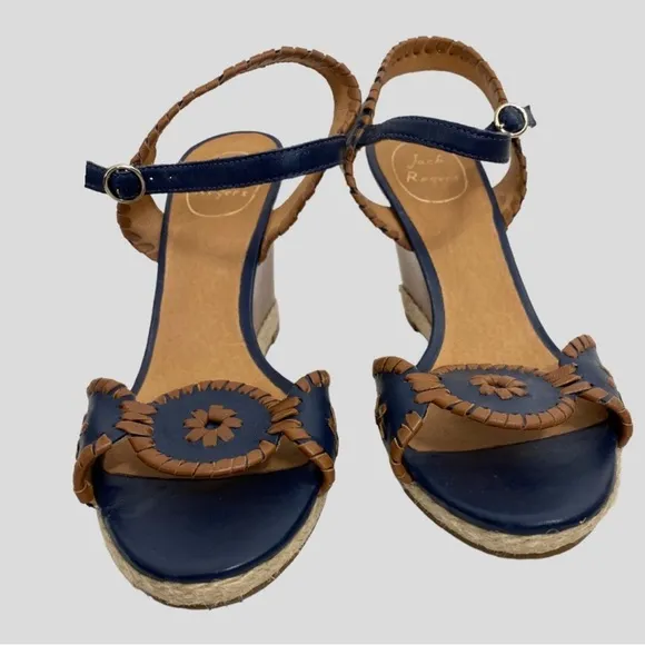 Jack Rogers Navy   Brown Leather Wooden Espadrille Wedges Size 8