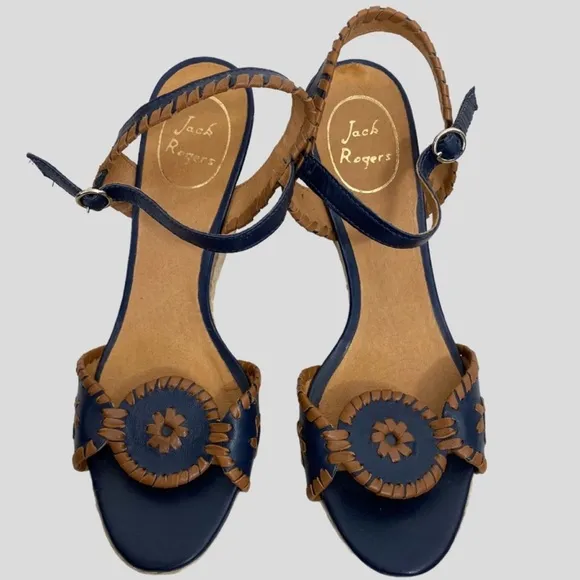 Jack Rogers Navy   Brown Leather Wooden Espadrille Wedges Size 8