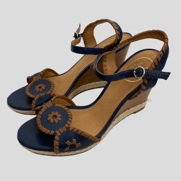 Jack Rogers Navy   Brown Leather Wooden Espadrille Wedges Size 8