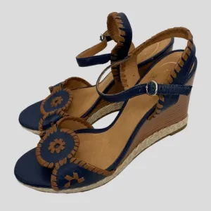 Jack Rogers Navy   Brown Leather Wooden Espadrille Wedges Size 8