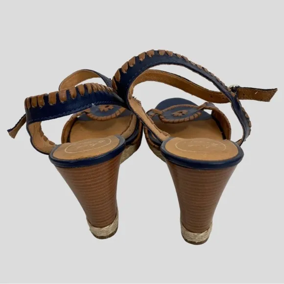 Jack Rogers Navy   Brown Leather Wooden Espadrille Wedges Size 8