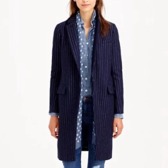 JCREW Grey White Pinstripe Melton Wool Overcoat Jacket