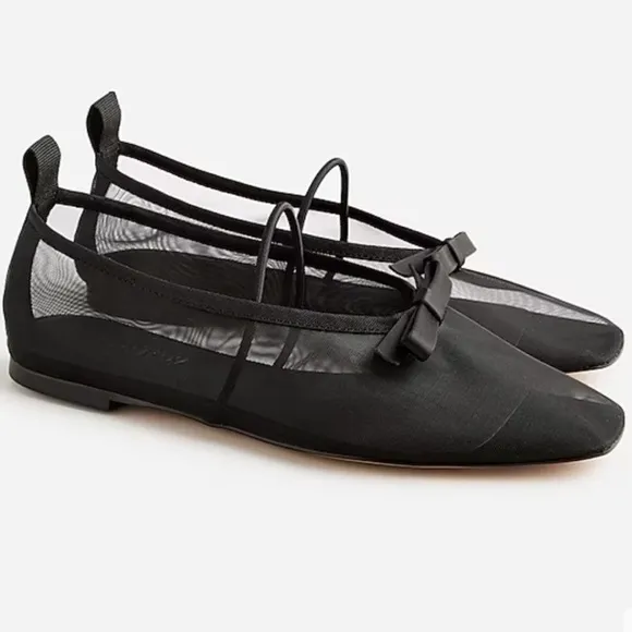 J.Crew Quinn Mary Jane Ballet Flats Mesh with Bow Black Size 6.5 NEW