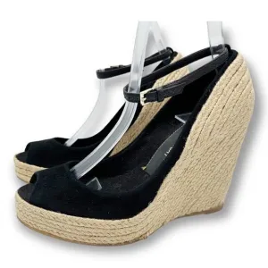 JEAN-MICHEL CAZABAT Black Suede Peep-Toe Espadrille Wedges Sz 37.5  US 7