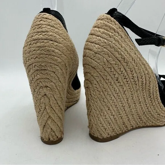 JEAN-MICHEL CAZABAT Black Suede Peep-Toe Espadrille Wedges Sz 37.5  US 7