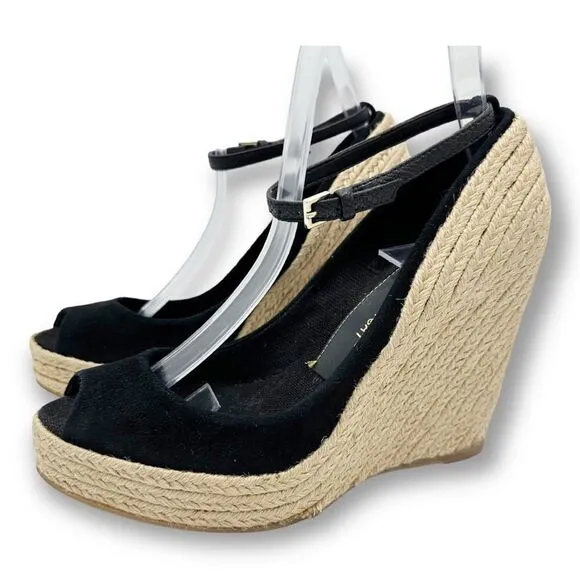 JEAN-MICHEL CAZABAT Black Suede Peep-Toe Espadrille Wedges Sz 37.5  US 7